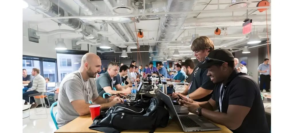 Builders heads-down at laptops on a hackathon floor